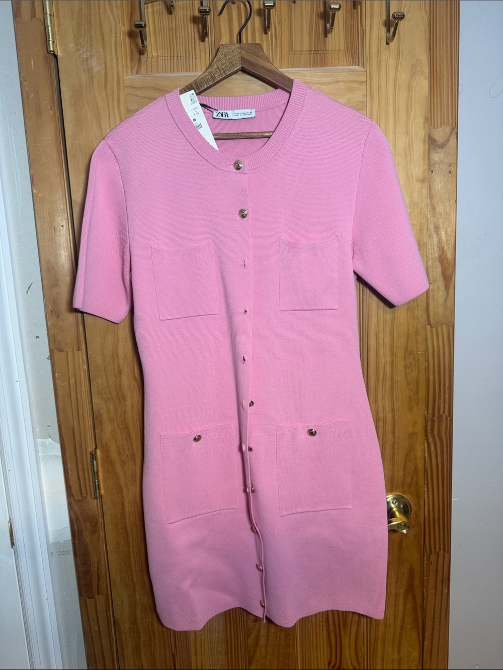 Zara Pink Short-Sleeve Button-Front Mini Dress